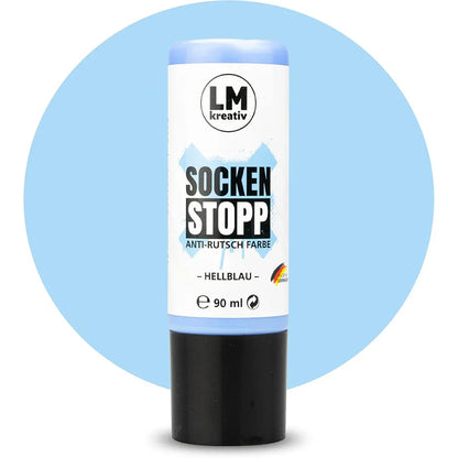 Produktabbildung der LM Kreativ Socken Stopper Textilfarbe in Hellblau mit 90 ml Inhalt in hellblauer Dosierflasche mit schwarzem Verschluss.
