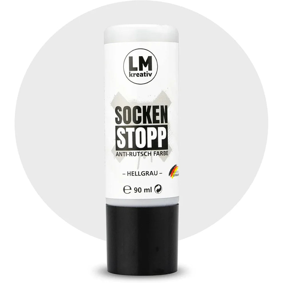 Produktabbildung der LM Kreativ Socken Stopper Textilfarbe in Hellgrau mit 90 ml Inhalt in hellgrauer Dosierflasche mit schwarzem Verschluss.