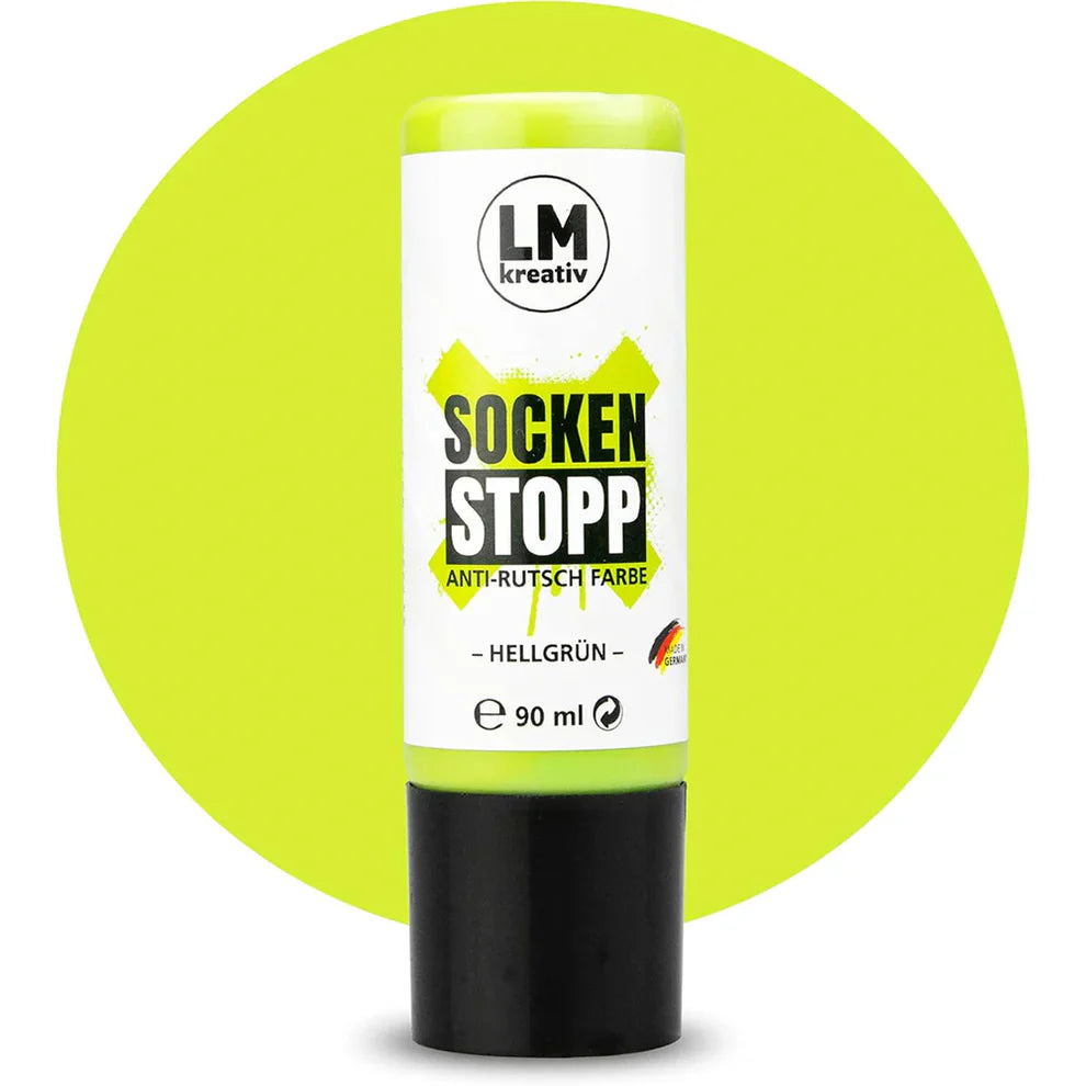 Produktabbildung der LM Kreativ Socken Stopper Textilfarbe in Hellgruen mit 90 ml Inhalt in hellgruener Dosierflasche mit schwarzem Verschluss.