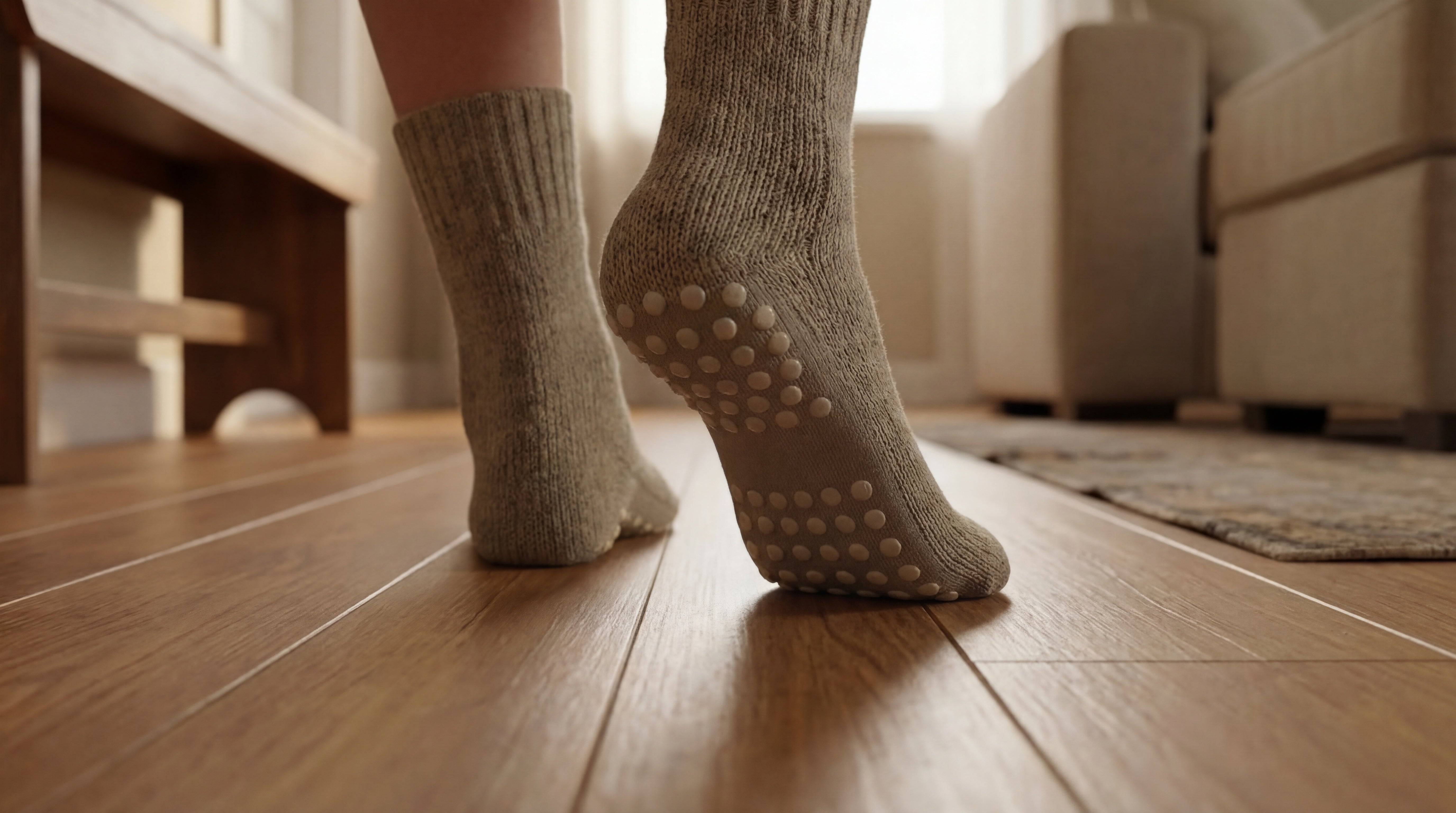 Socken auf einem Holzboden mit weissen rutschfesten Stopperpunkten auf der Sohle, gestaltet mit LM Kreativ Socken Stopper Textilfarbe.