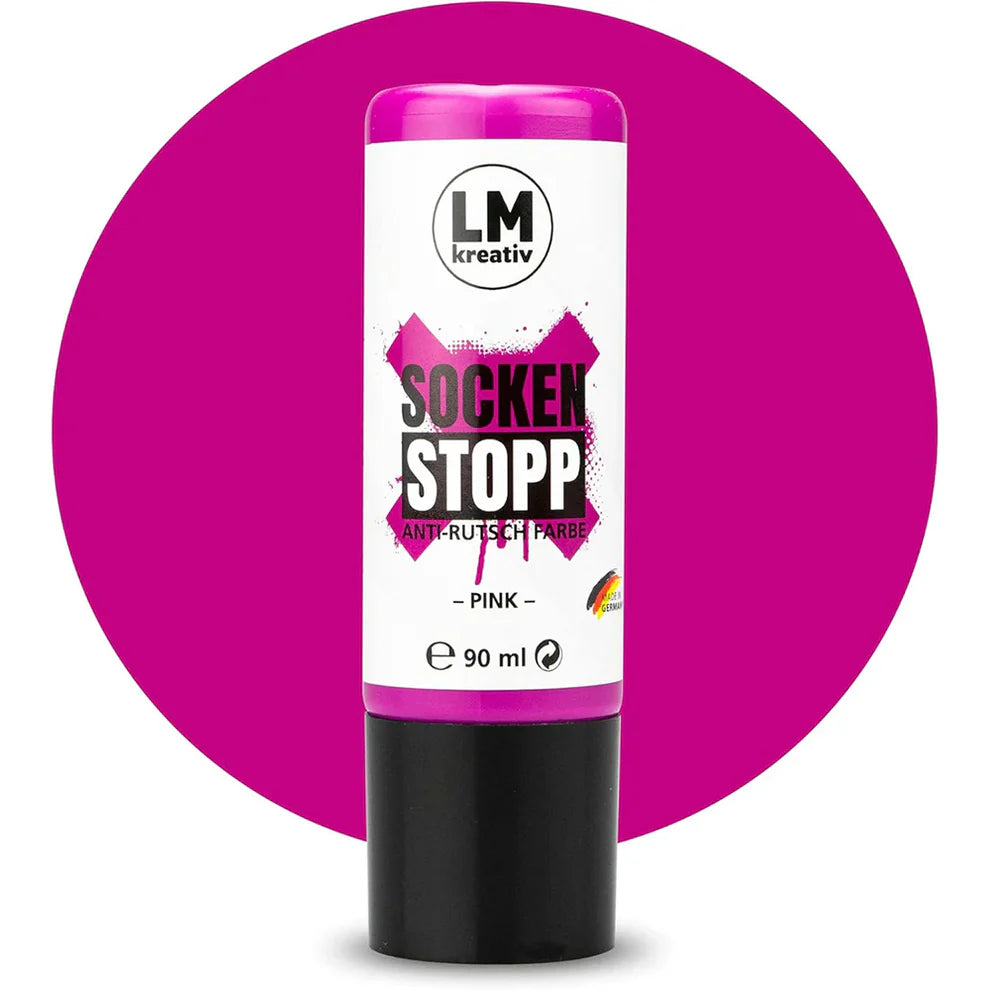Produktabbildung der LM Kreativ Socken Stopper Textilfarbe in Pink mit 90 ml Inhalt in pinker Dosierflasche mit schwarzem Verschluss.
