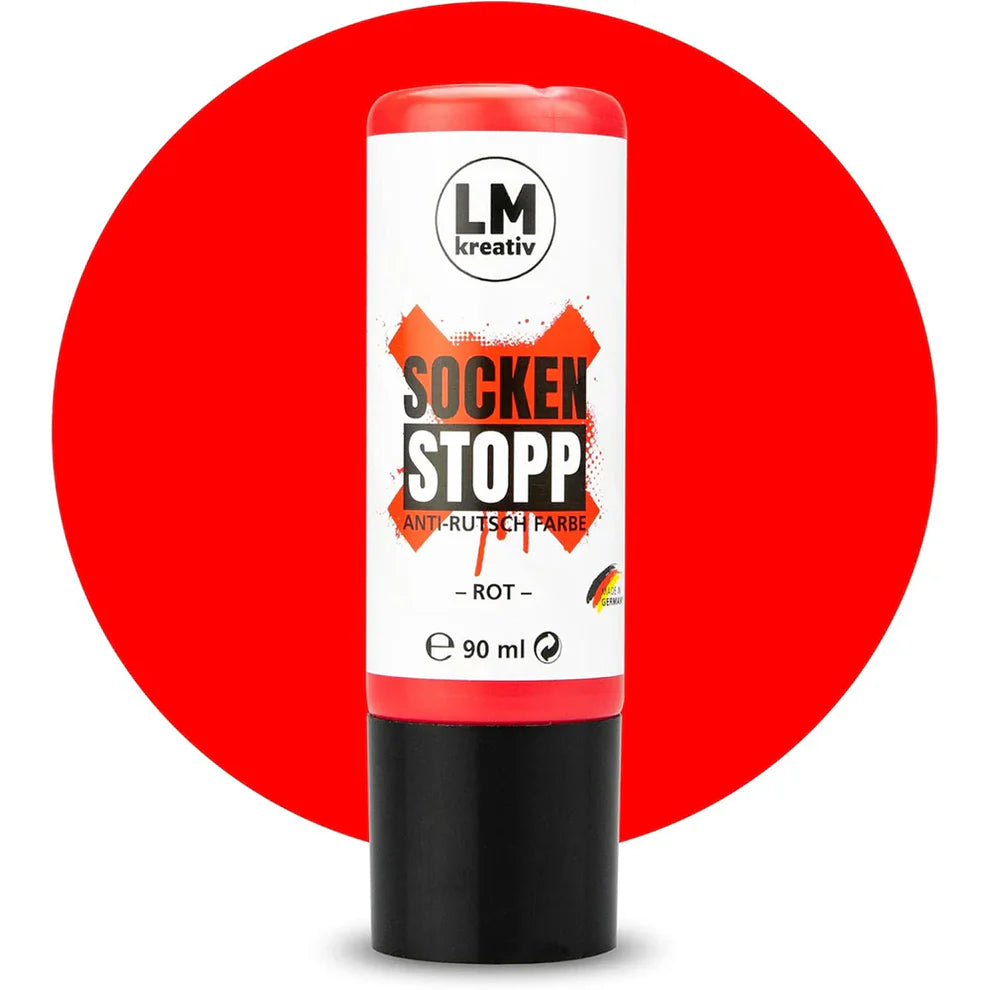 Produktabbildung der LM Kreativ Socken Stopper Textilfarbe in Rot mit 90 ml Inhalt in roter Dosierflasche mit schwarzem Verschluss.