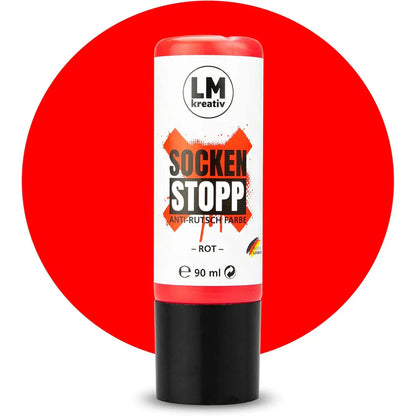 Produktabbildung der LM Kreativ Socken Stopper Textilfarbe in Rot mit 90 ml Inhalt in roter Dosierflasche mit schwarzem Verschluss.