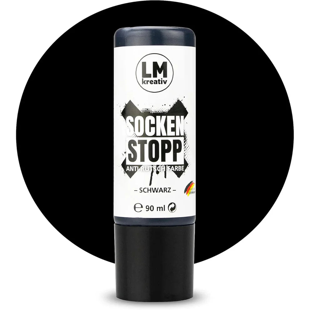 Produktabbildung der LM Kreativ Socken Stopper Textilfarbe in Schwarz mit 90 ml Inhalt in schwarzer Dosierflasche mit schwarzem Verschluss.