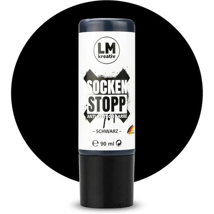 Produktabbildung der LM Kreativ Socken Stopper Textilfarbe in Schwarz mit 90 ml Inhalt in schwarzer Dosierflasche mit schwarzem Verschluss.