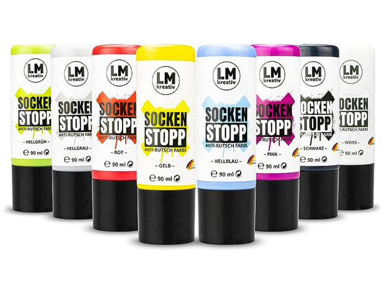 LM Kreativ Socken Stopper Textilfarbe Set mit mehreren 90 ml Flaschen in verschiedenen Farben wie hellgruen, grau, rot, gelb, hellblau, pink, schwarz und weiss.