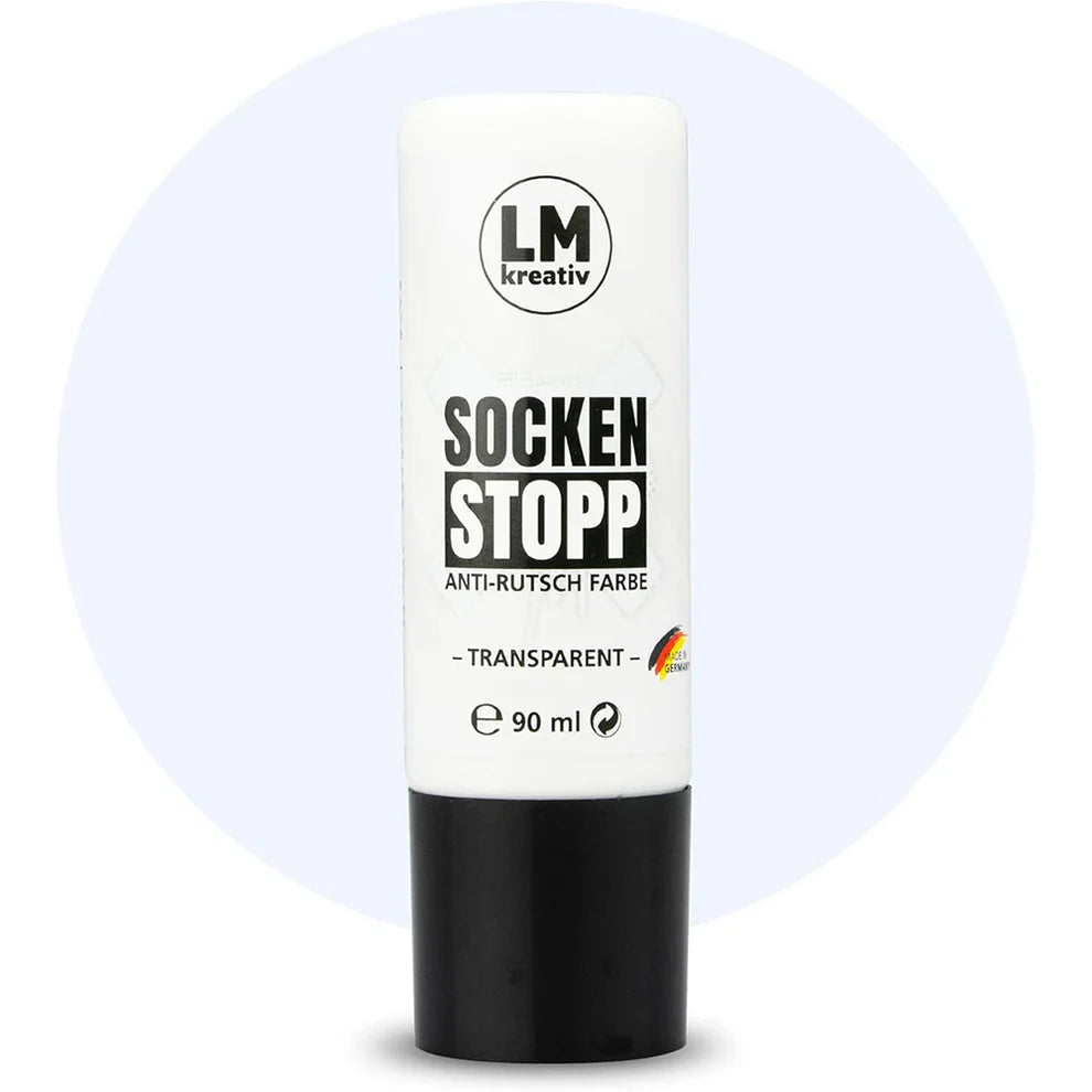 Produktabbildung der LM Kreativ Socken Stopper Textilfarbe in Transparent mit 90 ml Inhalt in transparenter Dosierflasche mit schwarzem Verschluss.