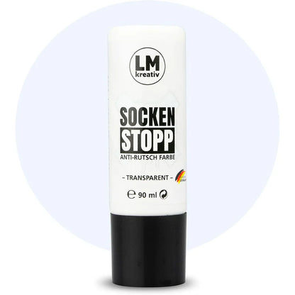 Produktabbildung der LM Kreativ Socken Stopper Textilfarbe in Transparent mit 90 ml Inhalt in transparenter Dosierflasche mit schwarzem Verschluss.