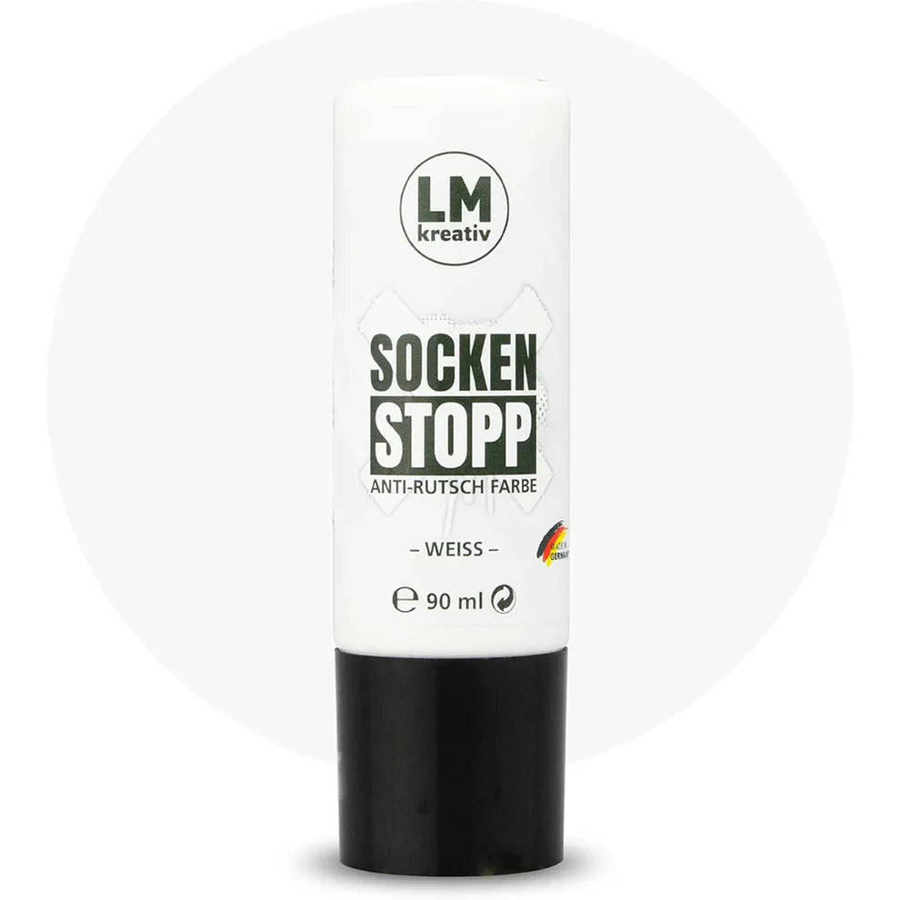 Produktabbildung der LM Kreativ Socken Stopper Textilfarbe in Weiss mit 90 ml Inhalt in weisser Dosierflasche mit schwarzem Verschluss.