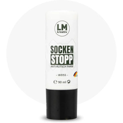 Produktabbildung der LM Kreativ Socken Stopper Textilfarbe in Weiss mit 90 ml Inhalt in weisser Dosierflasche mit schwarzem Verschluss.