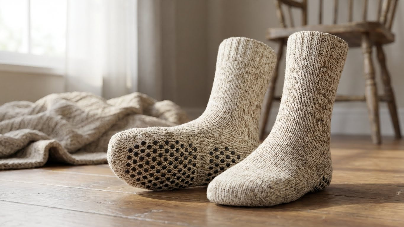 Beige Wollsocken mit schwarzen rutschfesten Punkten auf der Sohle, gestaltet mit der LM Kreativ Socken Stopper Textilfarbe.