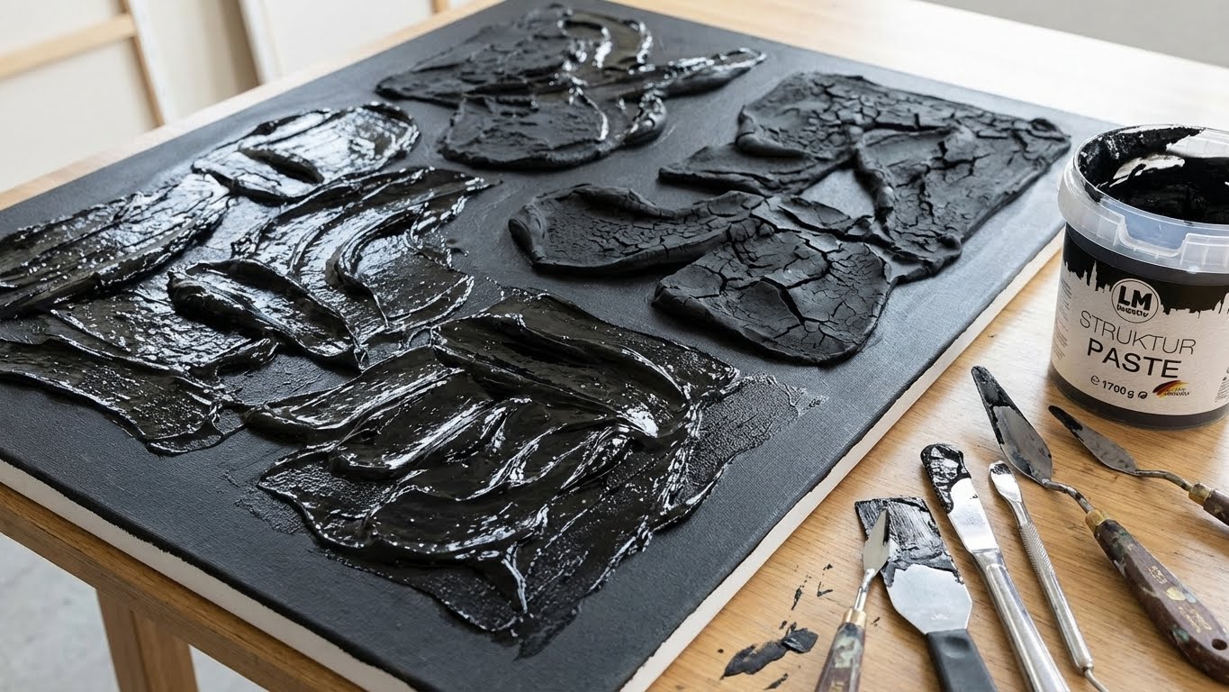 Schwarze Strukturpaste beim Auftragen auf Leinwand mit Spachtelwerkzeug