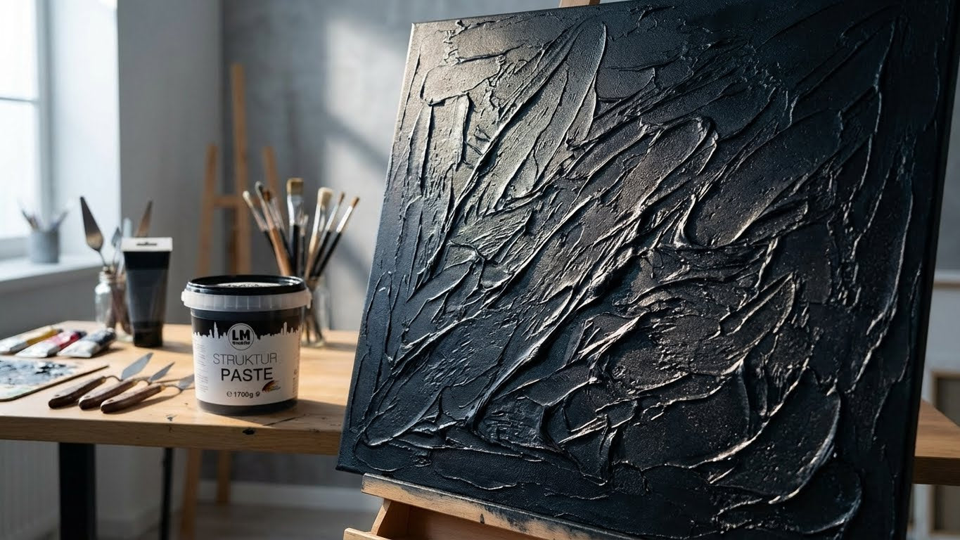Abstraktes Kunstwerk mit schwarzer Strukturpaste auf Staffelei im Atelier
