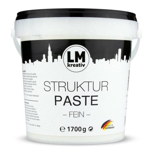 Produktabbildung der LM Kreativ Strukturpaste Fein 1,7 kg in Weiß im Kunststoffeimer mit schwarzem Deckel und Made-in-Germany-Kennzeichnung.