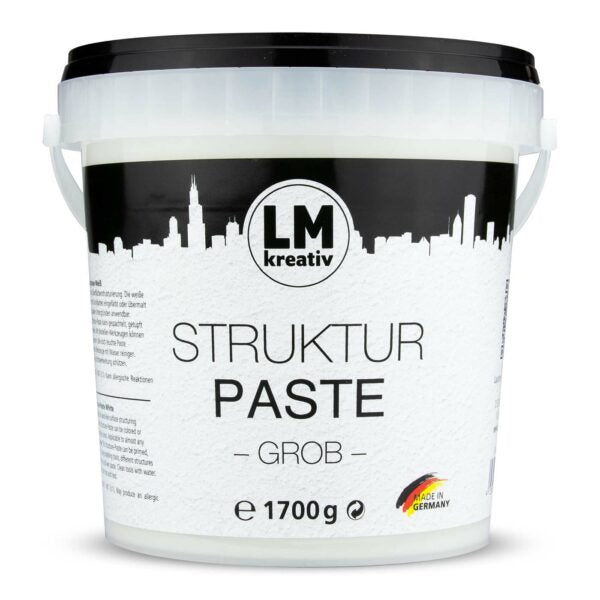 Produktabbildung der LM Kreativ Strukturpaste Grob 1,7 kg in Weiß im Kunststoffeimer mit schwarzem Deckel und Made-in-Germany-Kennzeichnung.
