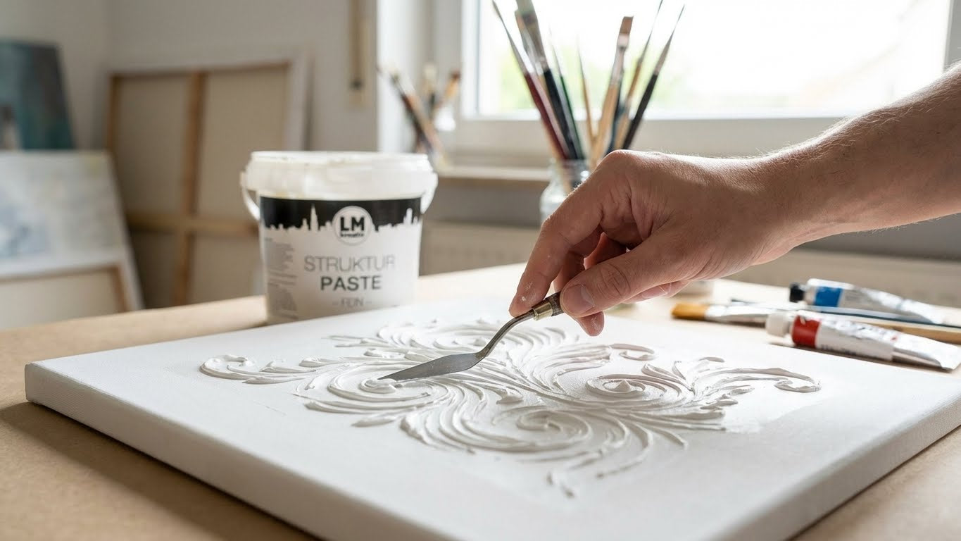 Anwendung der LM Kreativ Strukturpaste Fein 1,7 kg beim Modellieren eines ornamentalen Reliefmusters auf einer weißen Leinwand mit Spachtel.