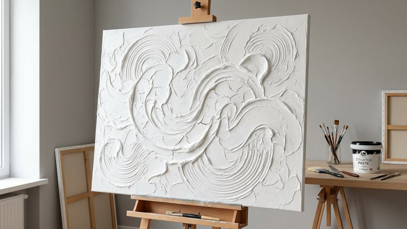 Großformatige Leinwand auf Staffelei mit plastischem Strukturmotiv, gestaltet mit LM Kreativ Strukturpaste Fein 1,7 kg im Atelier.
