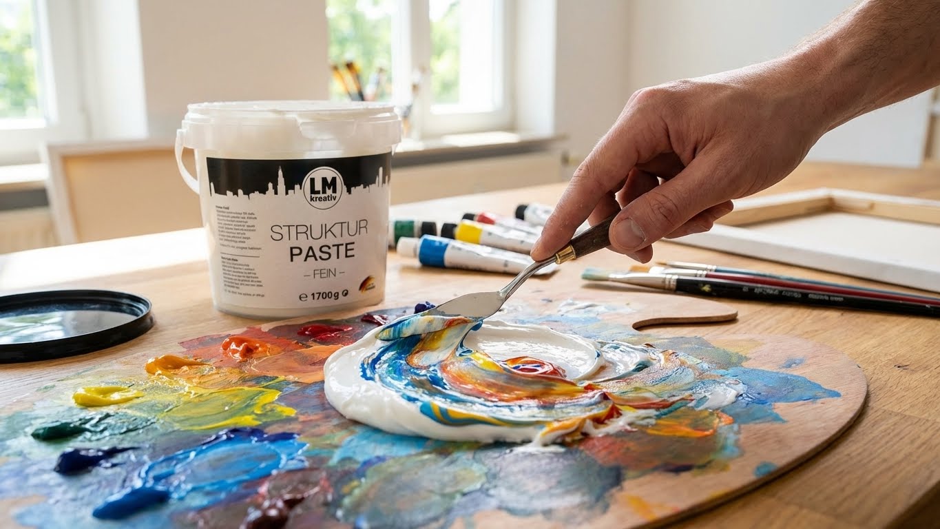 LM Kreativ Strukturpaste Fein 1,7 kg beim Vermischen mit bunten Acrylfarben auf einer Mischpalette zur Erzeugung strukturierter Farbeffekte.