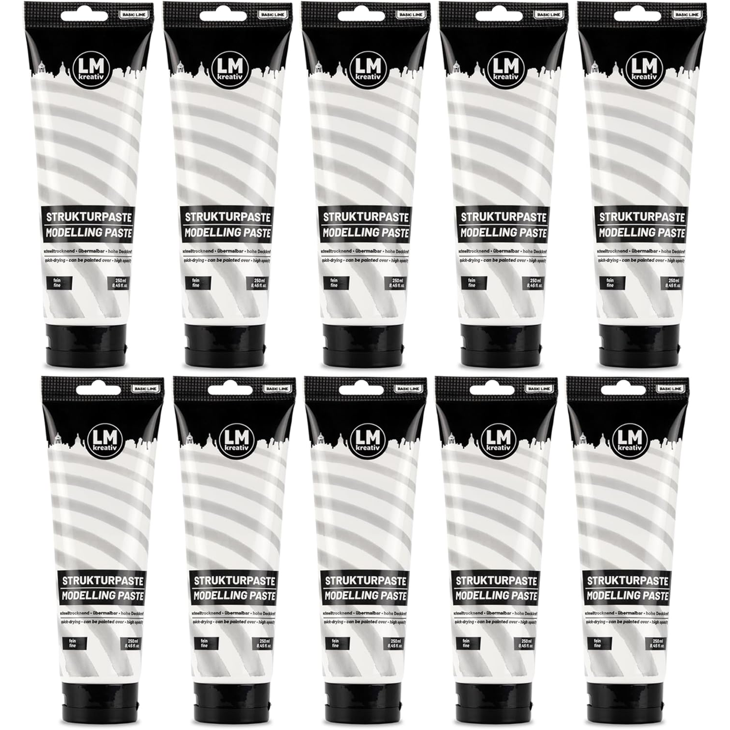 Zehn Tuben LM Kreativ Strukturpaste Fein Weiß 250 ml mit feiner Textur für vielseitige Textured Art und Mixed-Media-Projekte.