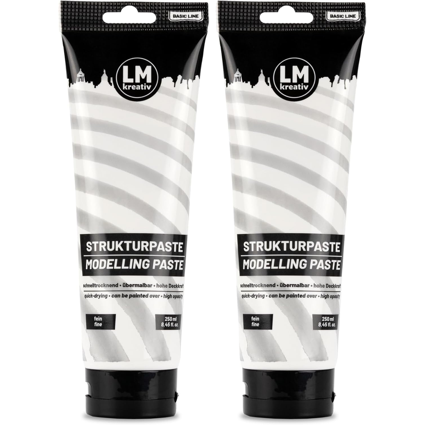 Zwei Tuben LM Kreativ Strukturpaste Fein Weiß 250 ml aus der Basic Line für präzise Texturen und detailreiche Acrylmalerei.