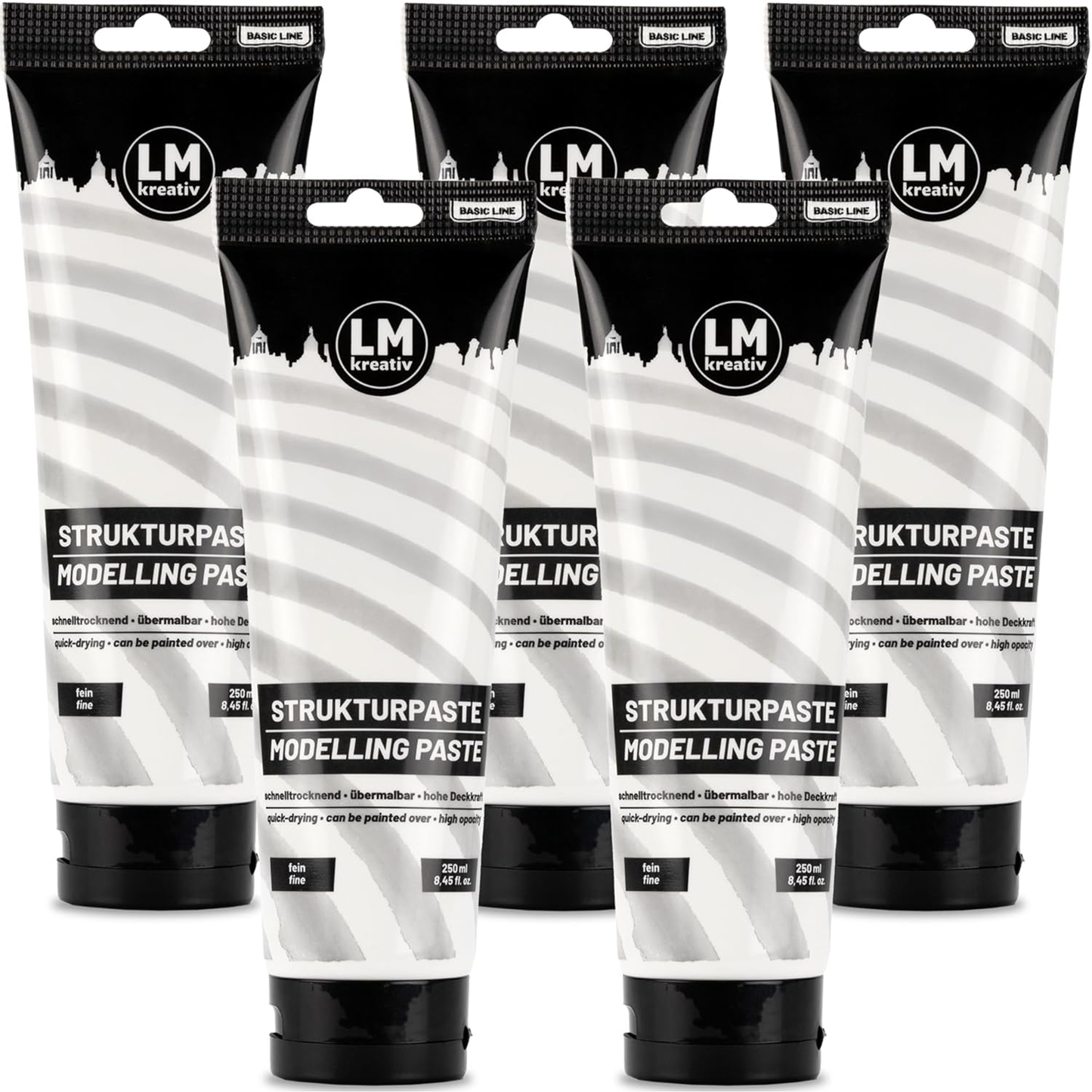 Fünf Tuben LM Kreativ Strukturpaste Fein Weiß 250 ml für feine Reliefs und strukturierte Oberflächen in der Acrylmalerei.