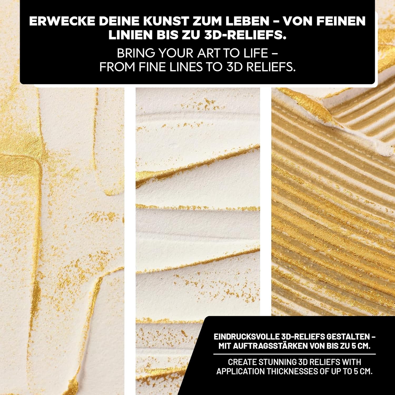 Detailaufnahmen strukturierter Oberflächen aus LM Kreativ Strukturpaste mit goldenen Akzenten und verschiedenen Reliefmustern.