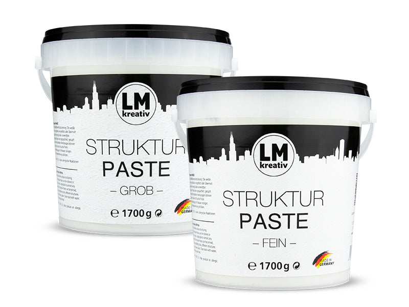 Produktabbildung des LM Kreativ Strukturpaste Sets mit 2 x 1,7 kg in den Varianten Fein und Grob – Made in Germany.