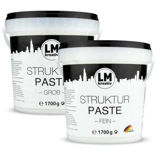 LM Kreativ Strukturpaste Set mit 2 x 1,7 kg in Weiß – erhältlich in Fein und Grob für vielseitige Struktur- und Reliefarbeiten.