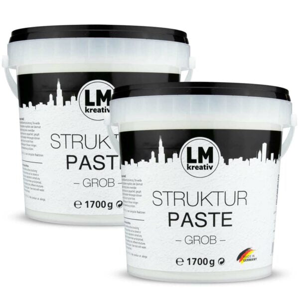 LM Kreativ Strukturpaste Set mit 2 x 1,7 kg in Weiß – erhältlich in Fein und Grob für vielseitige Struktur- und Reliefarbeiten.