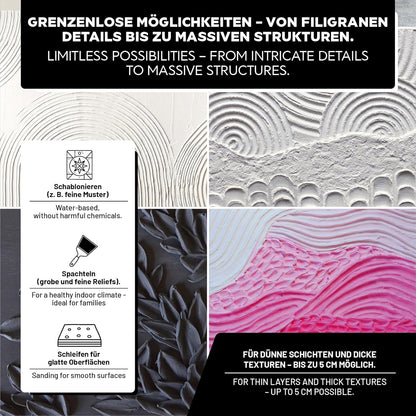 Mehrere Beispieloberflächen mit unterschiedlichen Relief- und Strukturmustern, die mit LM Kreativ Strukturpaste gestaltet wurden.