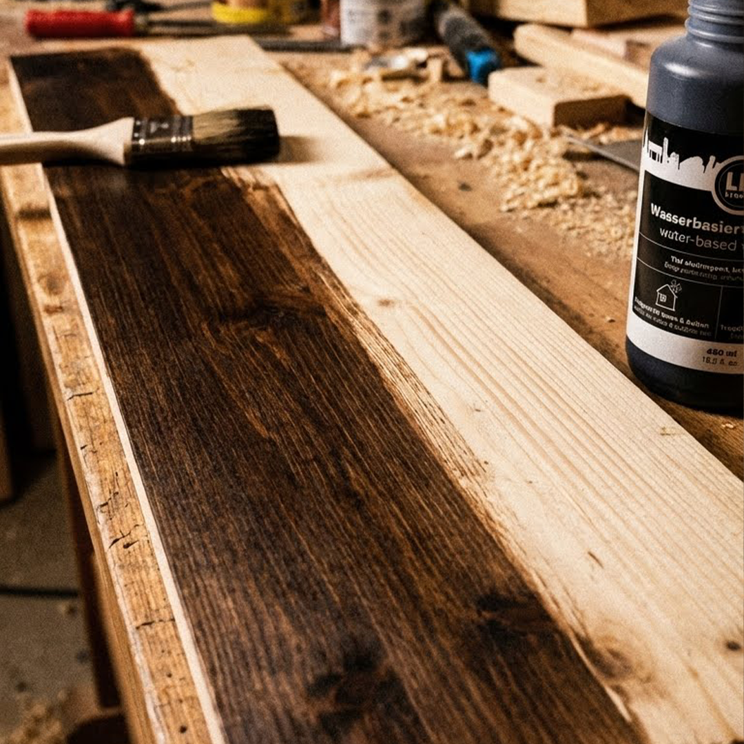 Werkbank mit Holzbeize, Pinsel und teilweise behandeltem Holzbrett während der Anwendung