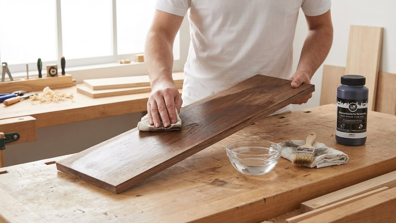 Holzbrett wird in Werkstatt mit Tuch nach dem Beizen gleichmäßig abgewischt