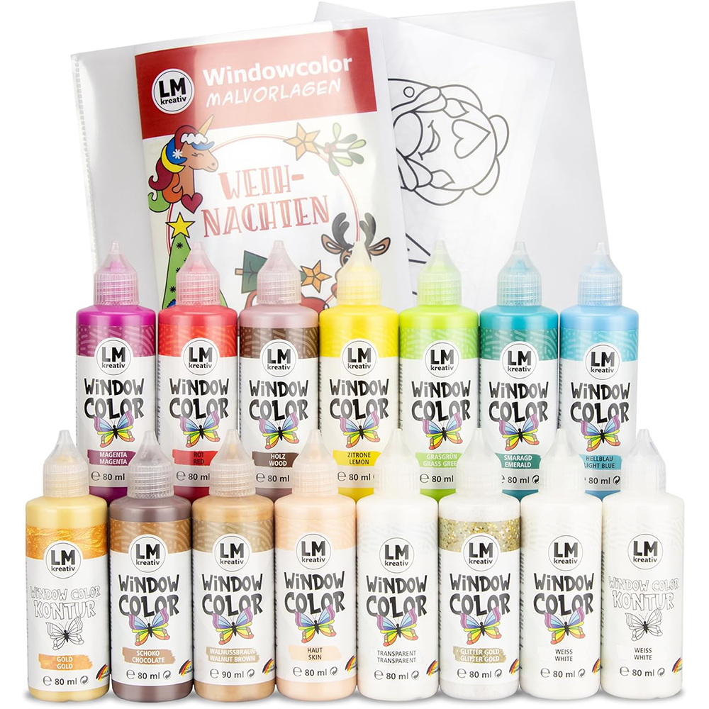 Produktabbildung des LM Kreativ Window Color 15er Sets mit Farben und Malvorlagen im Hintergrund.