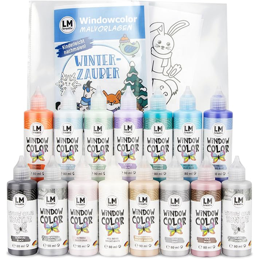 LM Kreativ Window Color 15er Set Winterzauber mit kuehlen Farbtoenen und passenden Malvorlagen.