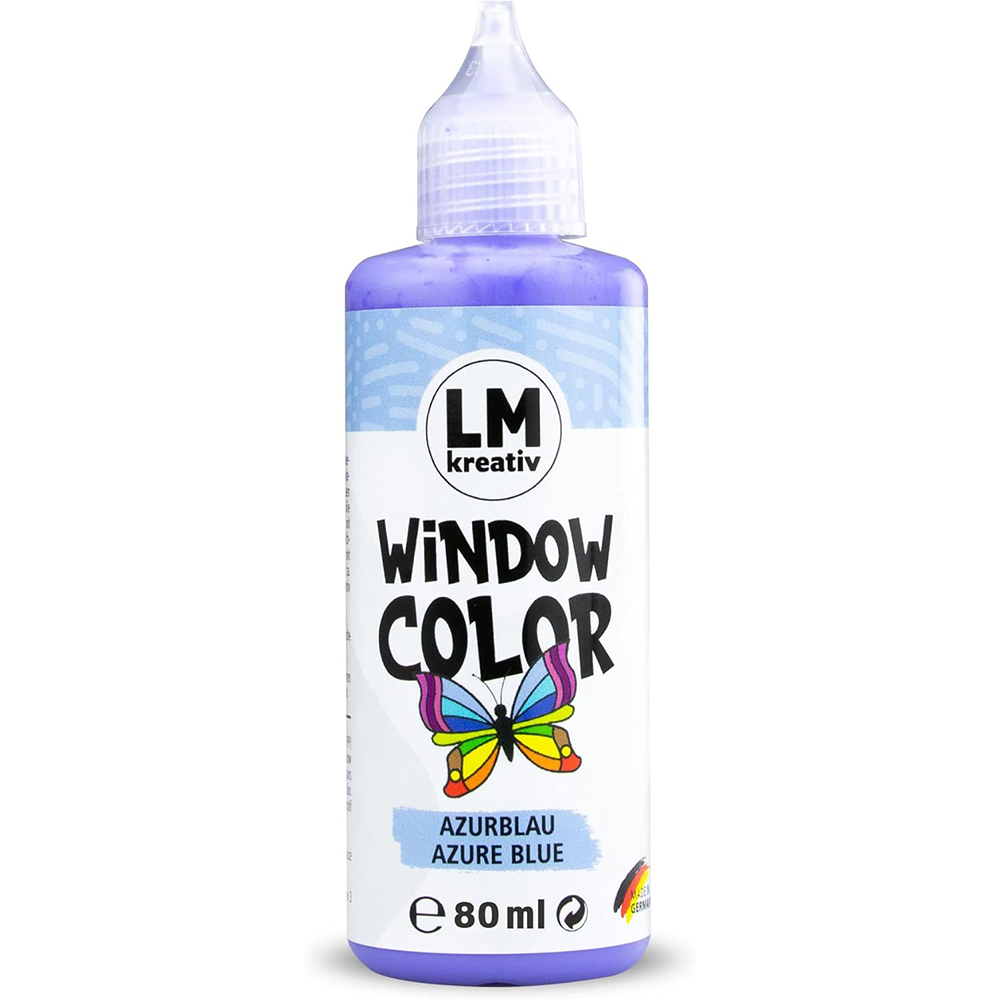LM Kreativ Window Color 80 ml in Azurblau als einzelne Flasche mit Dosierspitze.
