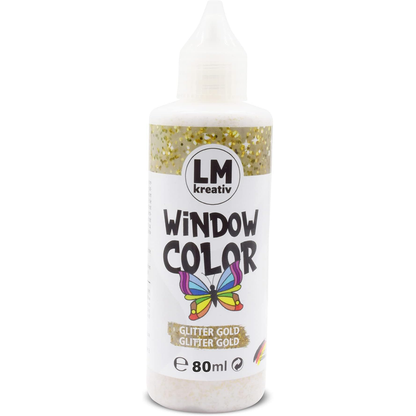LM Kreativ Window Color 80 ml in Glitter Gold als einzelne Flasche mit Dosierspitze.