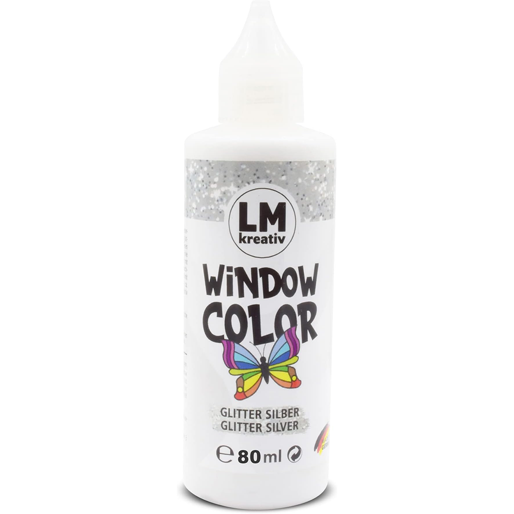 LM Kreativ Window Color 80 ml in Glitter Silber als einzelne Flasche mit Dosierspitze.