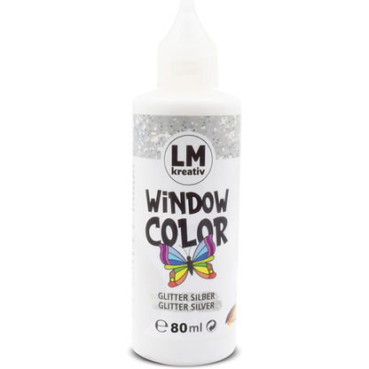 LM Kreativ Window Color 80 ml in Glitter Silber als einzelne Flasche mit Dosierspitze.