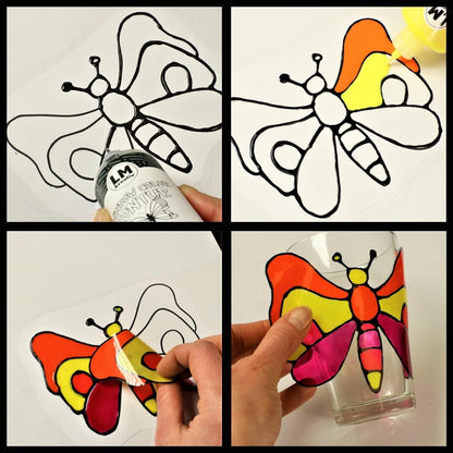 Schritt fuer Schritt Anwendung mit Kontur, Ausmalen, Abziehen und Aufkleben eines Schmetterlingsmotivs.