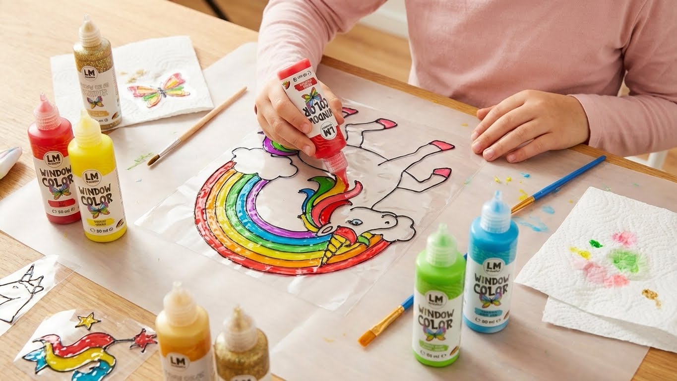 Kind bemalt ein Einhorn mit Regenbogen auf Folie mit LM Kreativ Window Color Farben am Tisch.