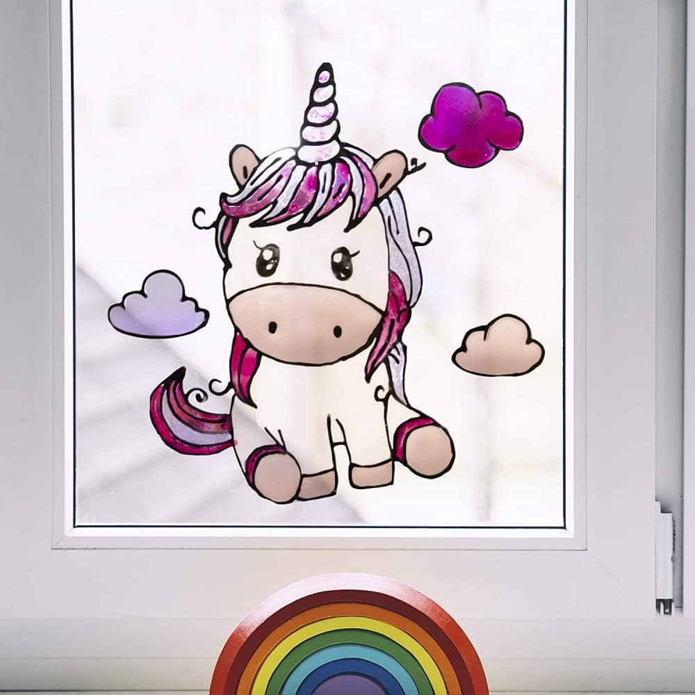 Einhorn Fensterbild mit schwarzer Kontur gestaltet mit LM Kreativ Window Color Konturfarbe.