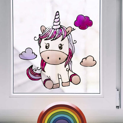 Einhorn Fensterbild mit schwarzer Kontur gestaltet mit LM Kreativ Window Color Konturfarbe.