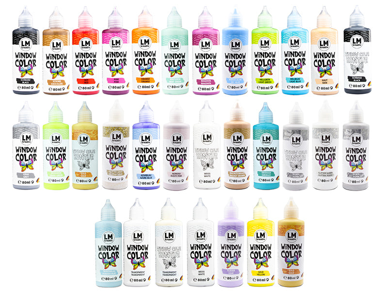 Übersicht aller Window Color Farben von LM Kreativ mit transparenter, deckender und Konturfarbe in Flaschen.
