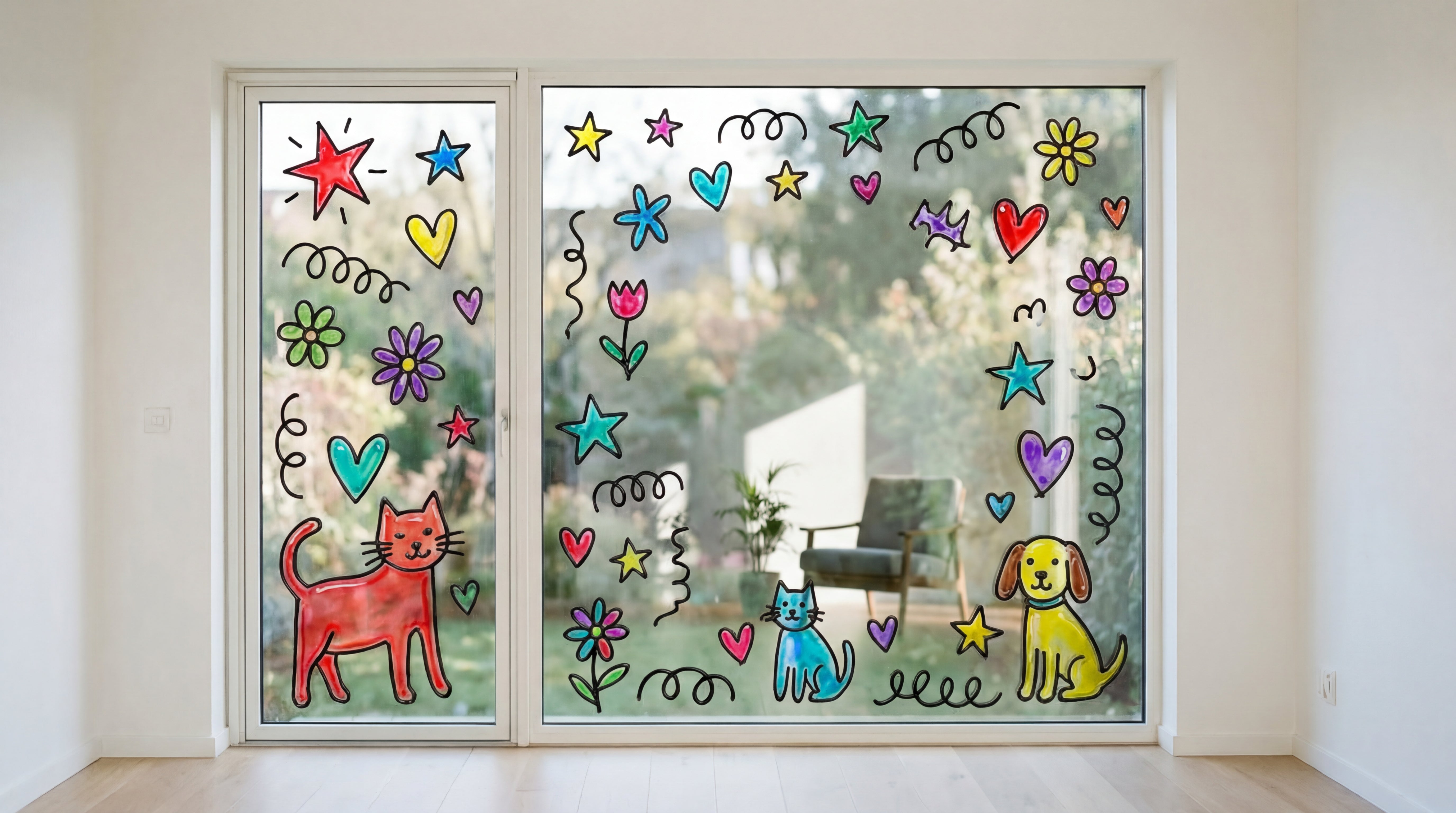 Grosses Fenster mit bunt ausgemalten Window Color Motiven wie Sterne, Herzen, Blumen, Katze und Hund.