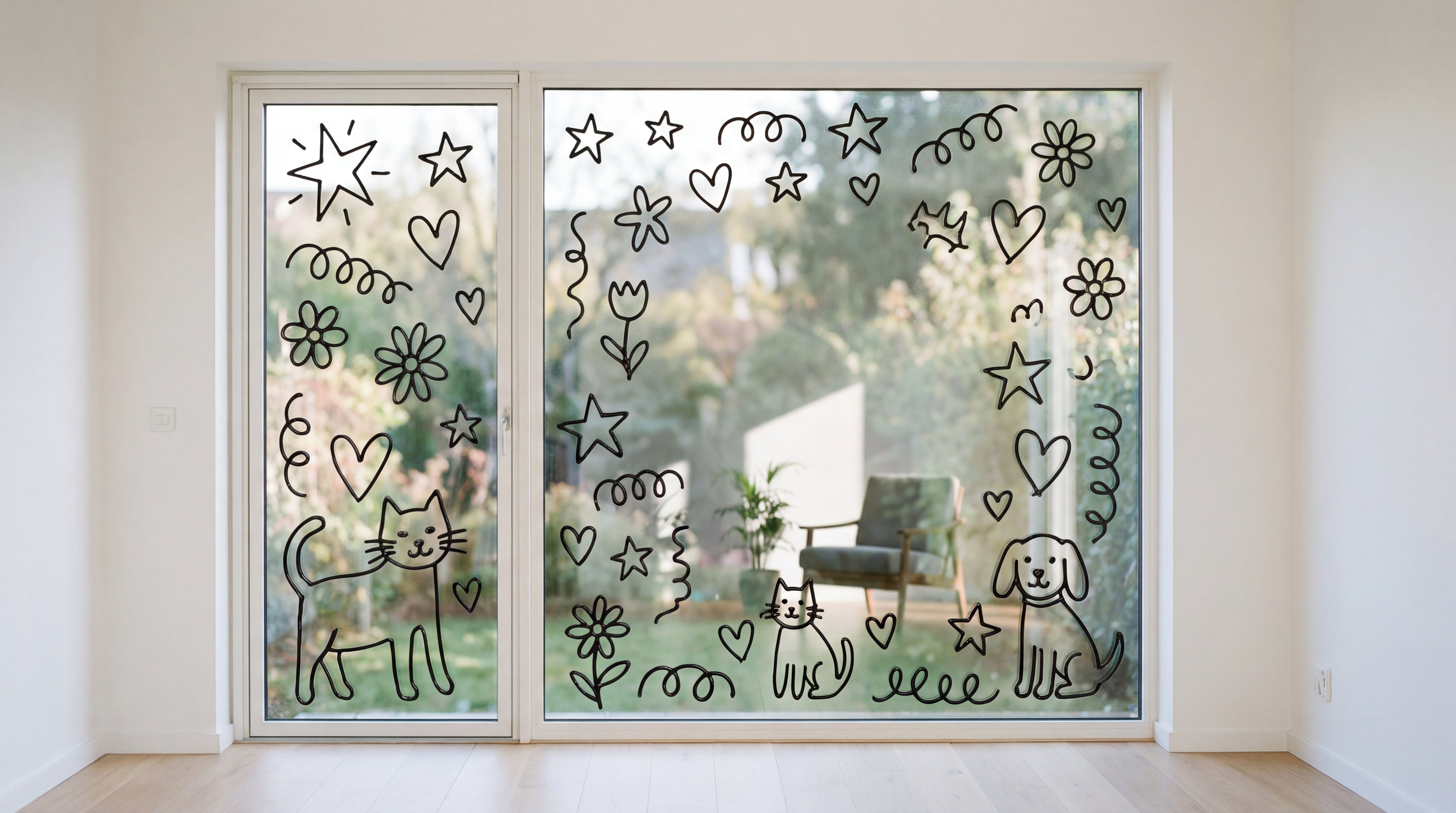 Fenster mit schwarzen Window Color Konturenmotiven wie Sterne, Herzen, Katze und Hund vor dem Ausmalen.