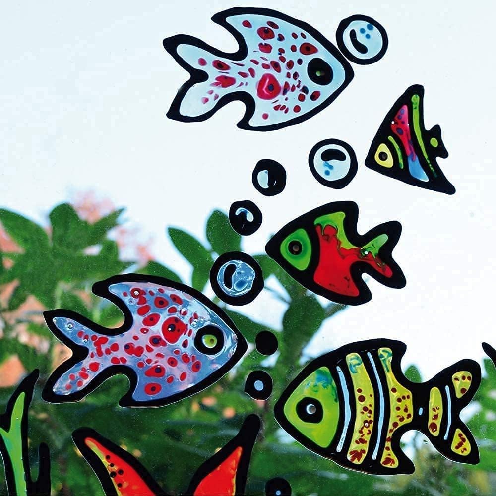 Bunte Fischmotive auf Glas gestaltet mit dem LM Kreativ Window Color.