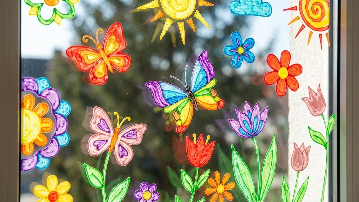 Bunte Fruehlingsmotive mit Blumen, Schmetterlingen und Sonne als Window Color Bilder auf einer Fensterscheibe.