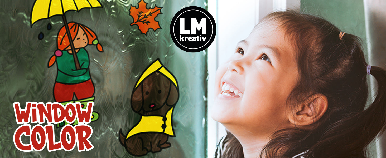 Kind schaut begeistert auf bunt bemalte Fensterbilder aus Window Color von LM Kreativ, kreative Fensterdekoration im Kinderzimmer.