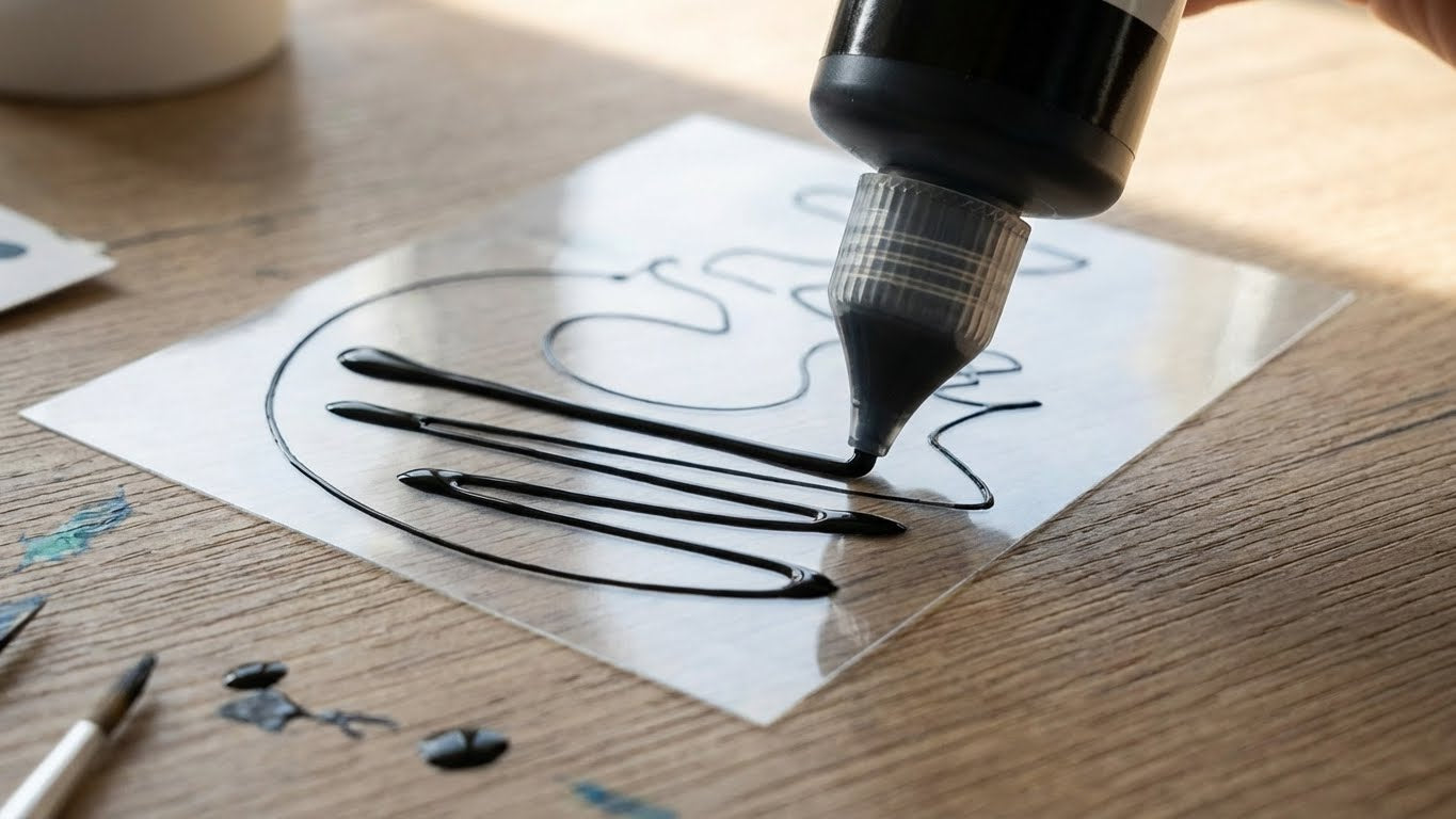 Schwarze Konturfarbe wird direkt aus der Flasche auf transparente Malfolie aufgetragen mit LM Kreativ Window Color Konturfarbe.