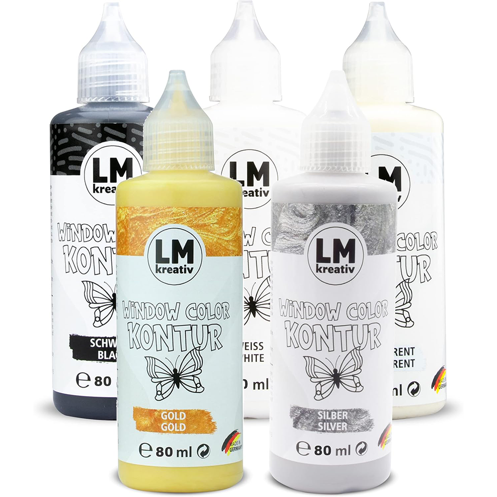 LM Kreativ Window Color Konturfarben in Gold und Silber mit 80 ml Flaschen im Vordergrund.